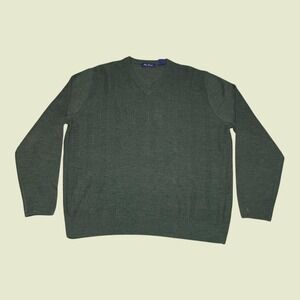 Alan Flusser Mens Dark Olive Green V Neck Herringbone Knit Acrylic Sweater LARGE